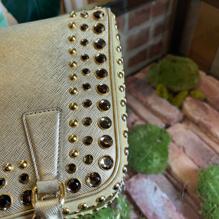 PRADA Pyramid Studded Gold Saffiano Lux Leather Satchel