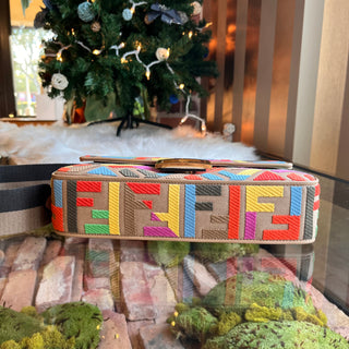 FENDI Baguette FF Embroidered Vitello Canvas Shoulder Bag