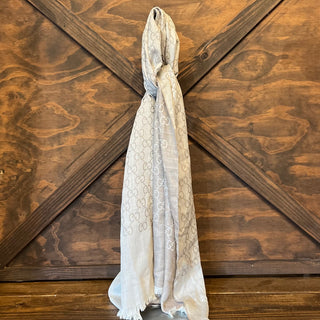 GUCCI Light Gray GG Monogram Wool & Silk Blend Fringe Shawl Scarf