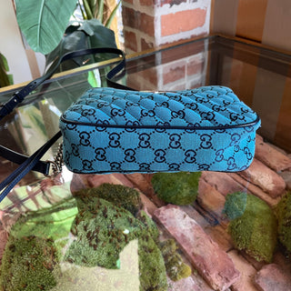GUCCI Marmont Small Camera Blue GG Diagonal Quilted Canvas Crossbody Bag