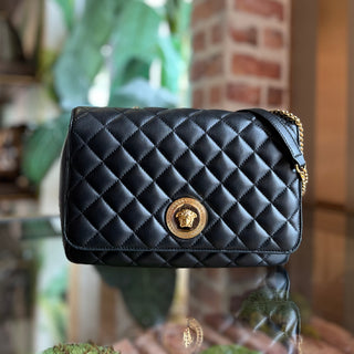 VERSACE Black Leather Quilted Flap Medusa Shoulder Bag