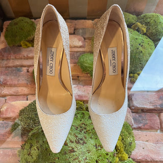 JIMMY CHOO White Gold Ombre Coarse Glitter Pumps SZ 37.5 (US 7.5)