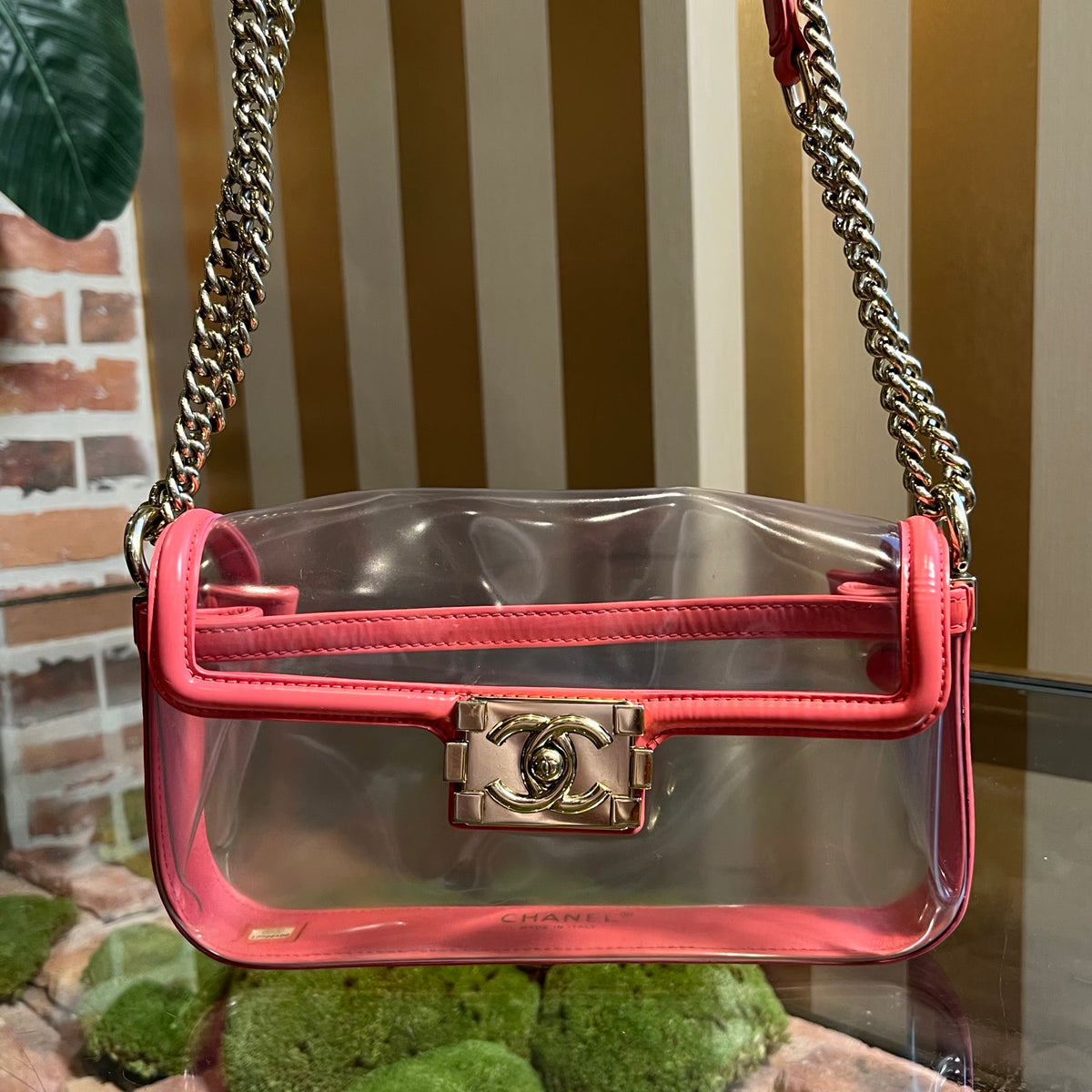 CHANEL Transparent And Pink Vinyl CC Chain Small Shoulder Bag
