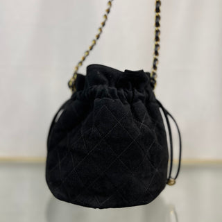 CHANEL Black Suede Tassel Drawstring Vintage Bucket Bag