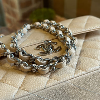 CHANEL Double Flap Small Beige Caviar Quilted Leather Shoulder Bag