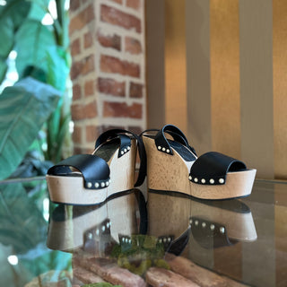 CHANEL Black Faux Pearl Wood Wedge Heels SZ 35.5