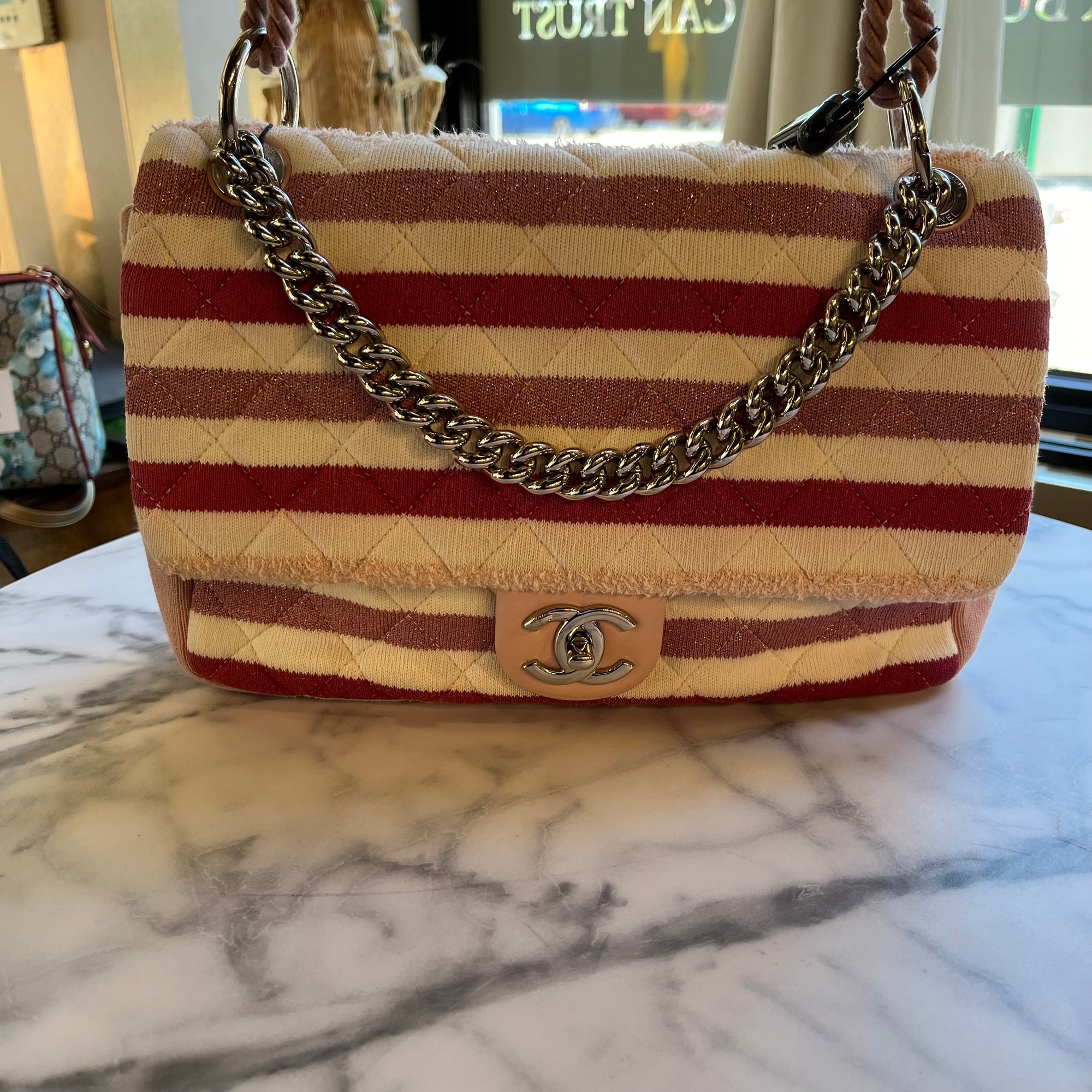 CHANEL Red White Pink Jersey Quilted Jumbo Flap