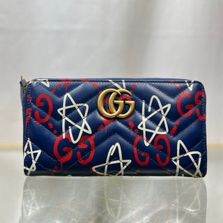 GUCCI Blue Agata Calfskin Matelasse Gucci Ghost GG Marmont Zip Around Wallet