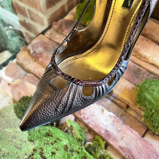 DOLCE&GABBANA Metallic Bronze Grained Leather Python Trim Pointed Toe Heels SZ38.5(8.5US)