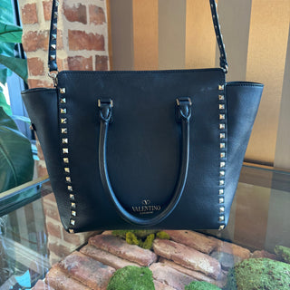 VALENTINO Black Smooth Calfskin Leather Rockstud Double Handle Tote Bag
