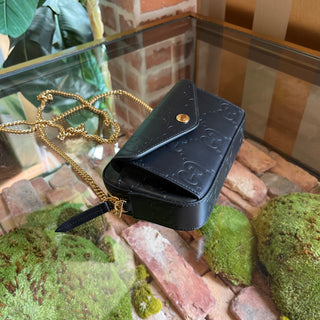 GUCCI Super Mini Pochette Black GG Embossed Leather Crossbody Bag