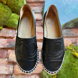CHANEL CC Black Leather Espadrilles SZ 36 (US 6)