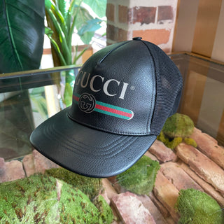 GUCCI Black Grained Leather Logo Baseball Hat M 58