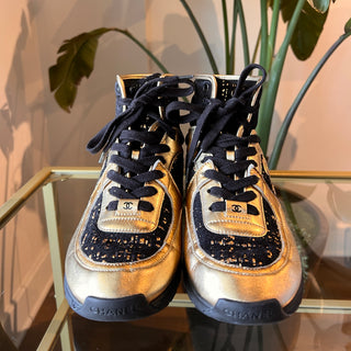 CHANEL Metallic Lambskin and Tweed CC High Top Sneakers 37.5