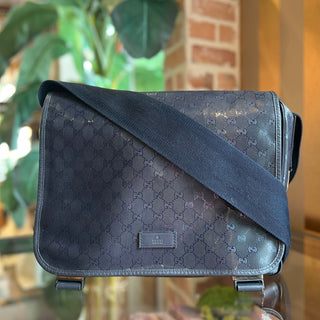 GUCCI Diaper Bag Medium Navy Blue Imprime Monogram Double Buckle Flap Crossbody Bag