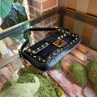 FENDI Selleria Mama Baguette Black Studded Leather Shoulder Bag