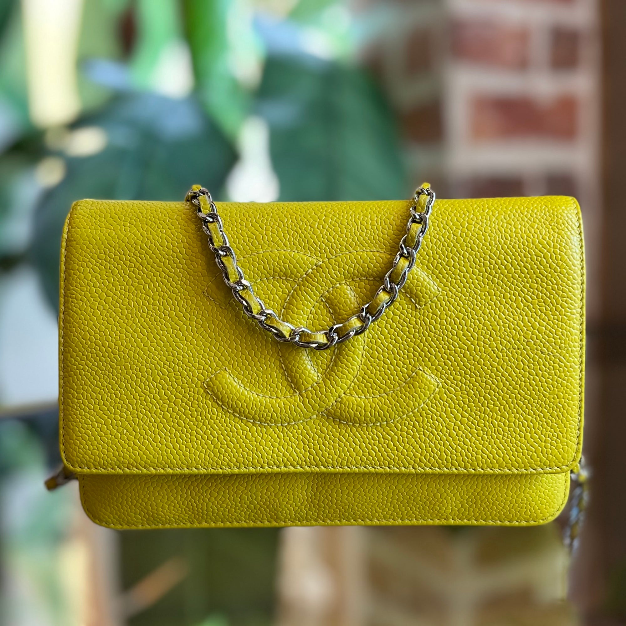 CHANEL Neon Yellow Caviar Leather Timeless Wallet On Chain