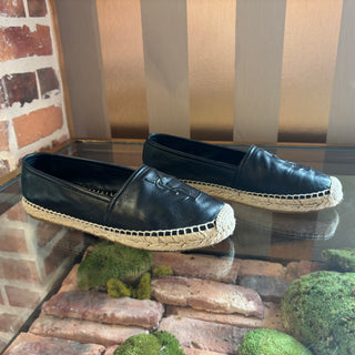 SAINT LAURENT Black Lambskin Leather YSL Espadrilles SZ 37.5 (US 7.5)
