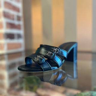 CHANEL Black Leather CC Turn Lock Block Heel Sandals SZ 39.5 (US 9.5)