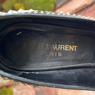 SAINT LAURENT Paris 105 Studded Black/White Leather Heels SZ 37.5 (US 7.5)