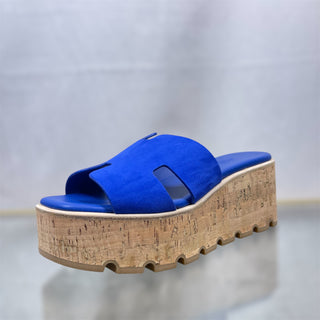 HERMES Eze 30 Bleu Ocean Suede Goatskin Cork Sandals SZ38(8US)