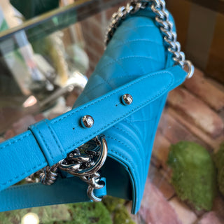 CHANEL Small Boy Blue Calfskin Leather Shoulder Bag