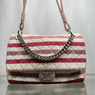 CHANEL Pink/Red Striped Jersey Quilted Jumbo Flap Shoulder Bag