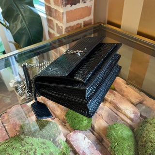 SAINT LAURENT Medium Monogram Sunset Black Crocodile Embossed Calfskin Shoulder Bag
