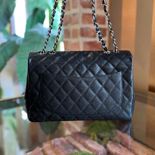CHANEL Single Flap Jumbo Black Quilted Caviar Leather Shoulder Bag