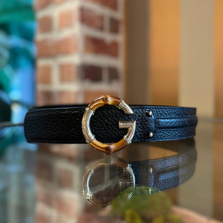 GUCCI G Bamboo Buckle Black Leather Belt SZ 85/34
