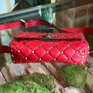 VALENTINO GARAVANI Spike Rockstud Red Quilted Nappa Leather Belt Bag SZ85(S4/6)