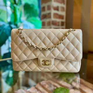 CHANEL Classic Double Flap Beige Quilted Caviar Leather Shoulder Bag