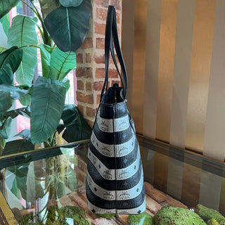 MCM Silver and Black Stripe Zip Top Tote