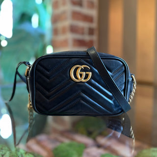 GUCCI GG Marmont Mini Black Calfskin Matelasse Chain Shoulder Bag