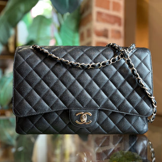 CHANEL Double Flap Maxi Black Caviar Leather Quilted Shoulder Bag