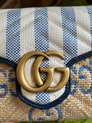 GUCCI Raffia Striped Jumbo GG Marmont Wallet On Chain