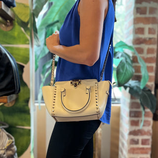 VALENTINO GARAVANI Rockstud Mini White Rigid Leather Tote Bag