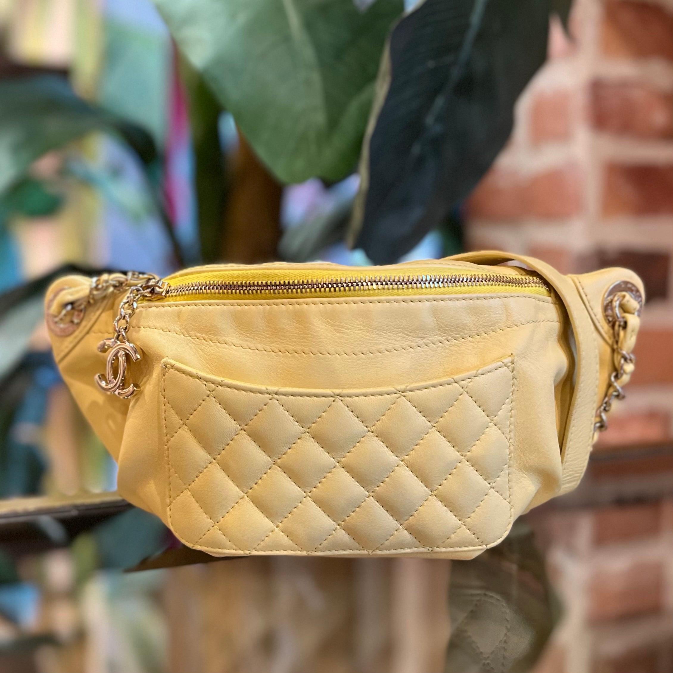 CHANEL Yellow Lambskin Quilted Front Pocket Waist Belt Bag - The