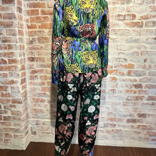 GUCCI Feline Flora Multicolor Silk Printed Blouse SZ42 Pants Set