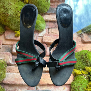 GUCCI Web Stripe Black Leather Sandals SZ 7.5