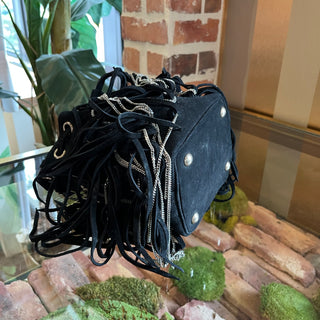 SAINT LAURENT Emmanuelle Large Fringe Black Suede Bucket Bag