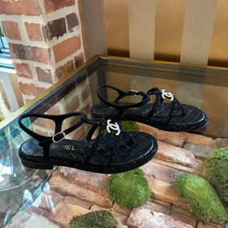 CHANEL Black Leather Strappy Flat Sandals Quilted Crystal CC Logo Ankle Strap SZ 36
