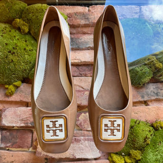 TORY BURCH Georgia Almond Flour Double T Leather Flats SZ 8