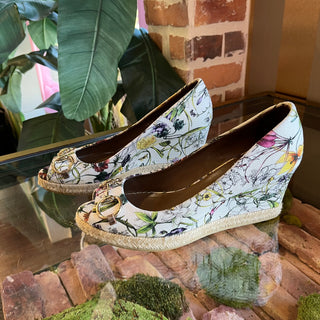 GUCCI Floral Print Horse Bit Canvas Peep Toe Wedges SZ 37.5