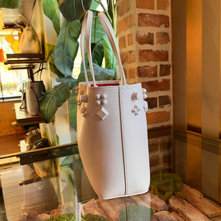 CHRISTIAN LOUBOUTIN Cabatta Small Spikes East West White Leather Tote