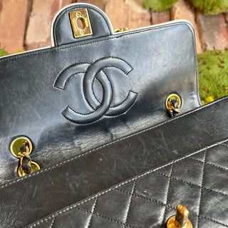 CHANEL Single Flap Black White Lambskin Quilted Shoulder Bag