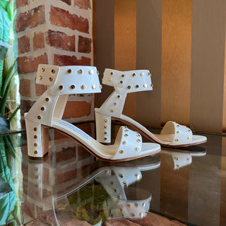 JIMMY CHOO Gold Tone Studded White Leather Heels SZ 35.5 (US 5.5)