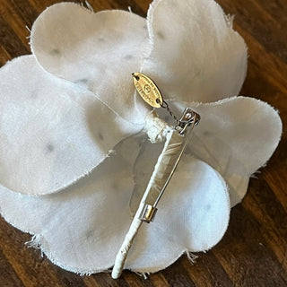 CHANEL Camellia Black White Polka Dot Fabric Pin Brooch
