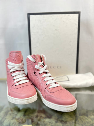 GUCCI Hightop Signature Rose Bab Pink Leather Sneakers SZ 36