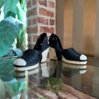 FENDI FF Black Embroidered Canvas Ankle Tie Espadrille Wedges SZ 35 (US 5)